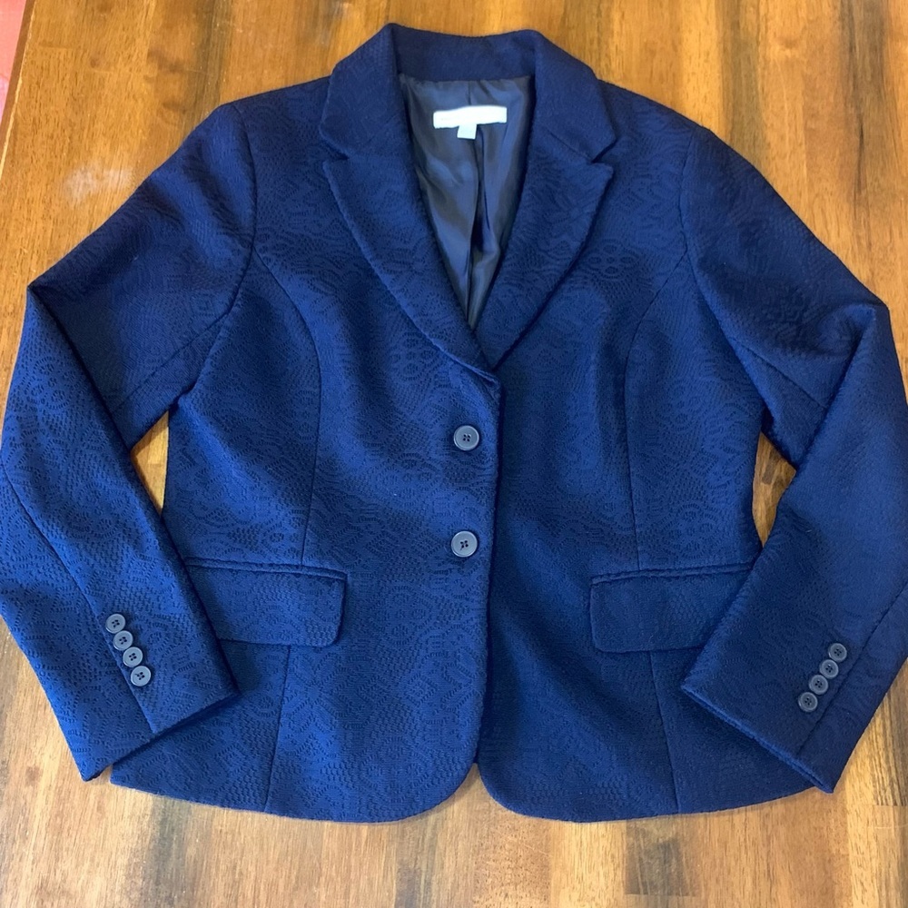 New York & Company Blazer 16 Navy Blue Overlay Lace Pattern Jacket Stretch